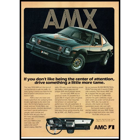 1978 American Motors AMC AMX Sports Car Vintage Print Ad Classic 70s Wall Art - Picture 1 of 1
